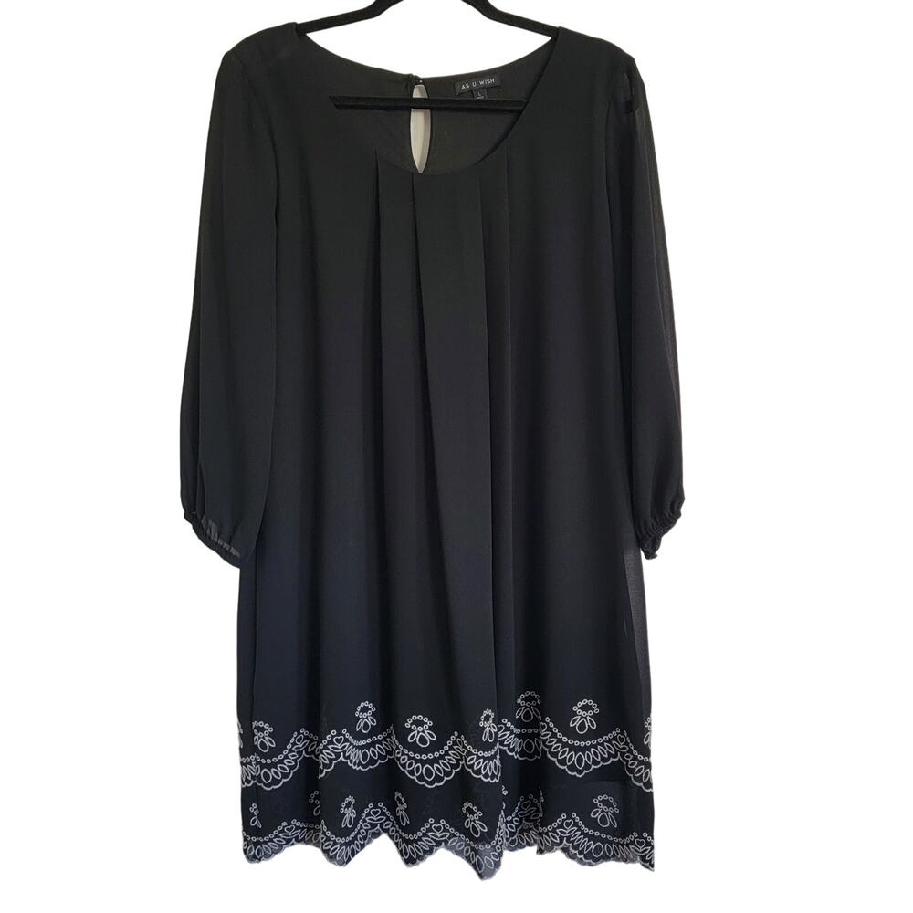 As You Wish Womens Dress Black Flowy Scallop Hem Sheer Sleeve Sz Large
